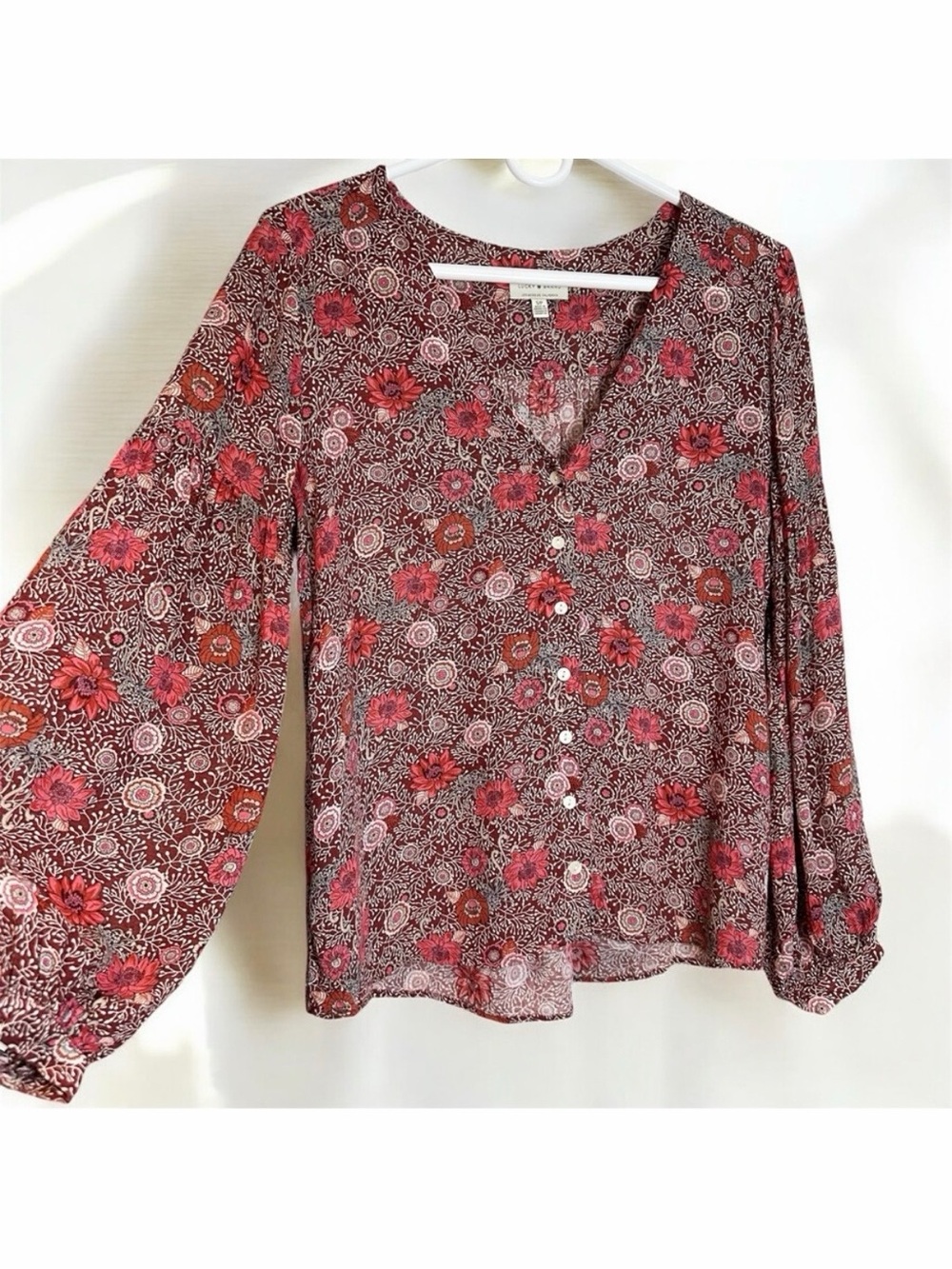 Lucky Brand Floral Boho Balloon Sleeve Button Front Blouse FLAWED